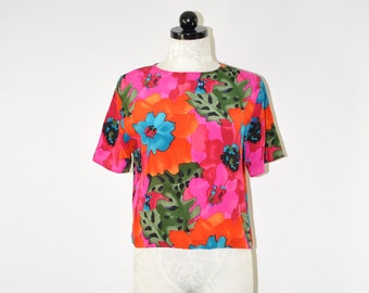 90s tropical floral silk blouse / hot pink botanical silk tee shirt / short sleeve cropped top