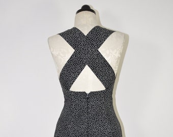 90s polka dot dress / 1990s backless dress / black and white dress / gray skater minidress