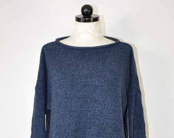 90s dark teal chunky knit sweater / blue cotton boatneck pullover / Y2K Ralph Lauren knit top