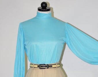 60s turquoise sheer blouse / blue bishop sleeve top / high neck statement blouse