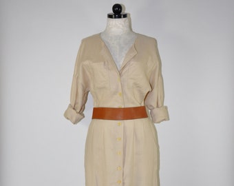 1990s natural linen midi dress / beige long sleeve linen dress / 1990s minimalist shirtdress