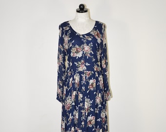 90s Rose Print Rayon Gauze Dress: Romantic Navy Blue Maxi