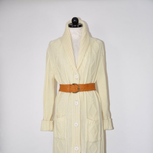 70s cream long cardigan / 1970s cable knit cardigan / folk acrylic knit sweater coat