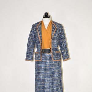 60s blue brown plaid wool suit / wool tweed two piece skirt suit / boxy jacket and pencil skirt set