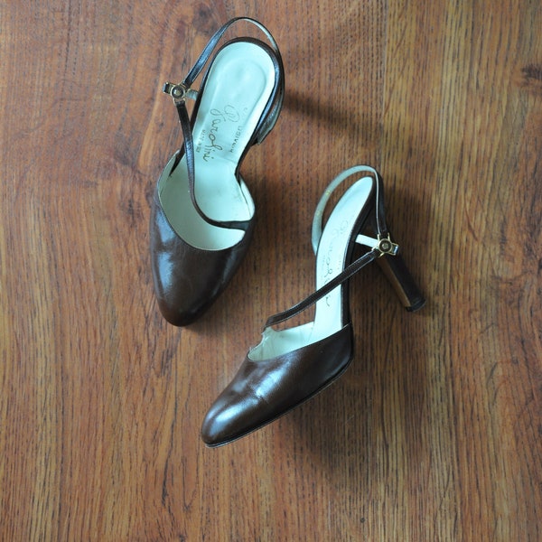70s brown slingback heels / 1970s chocolate strappy stilettos  / ankle strap leather pumps 6