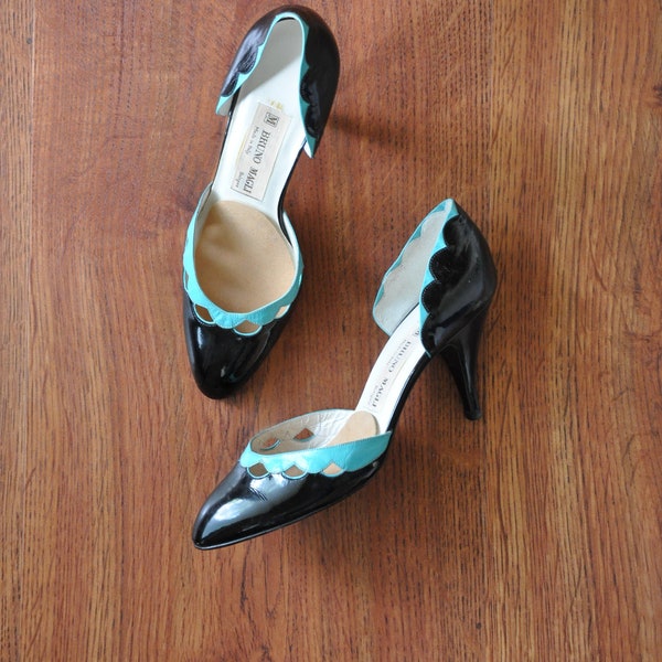 70s Bruno Magli D'Orsay pumps / 1970s black patent leather shoes / two tone cutout heels 7