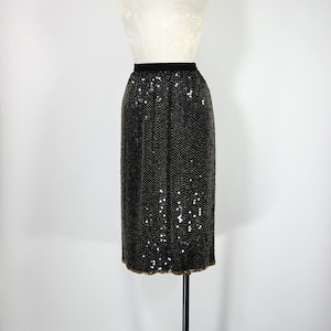 90s black sequin pencil skirt / 1990s beaded silk skirt / black and gold evening skirt