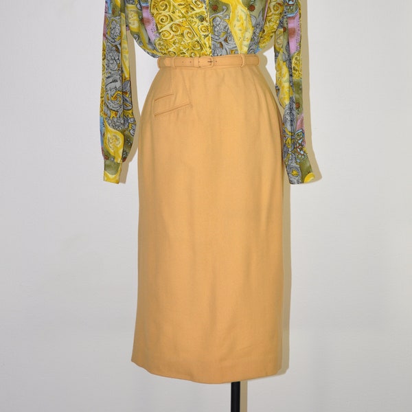 50s honeycomb wool skirt / yellow long pencil skirt / vintage belted fitted skirt