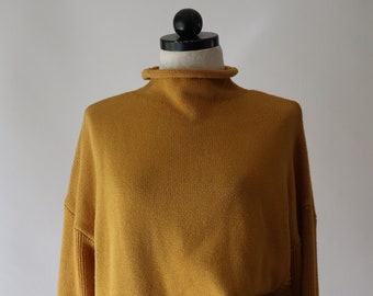 90s chunky knit cotton sweater / mustard yellow oversized sweater / rolled mock neck pullover
