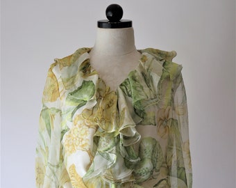 Y2K butterfly silk blouse / cascading ruffle flora shirt / botanical print ethereal top