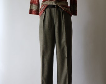 90s green glen plaid wool trousers / J. Crew double pleated pants / high waisted tapered slacks