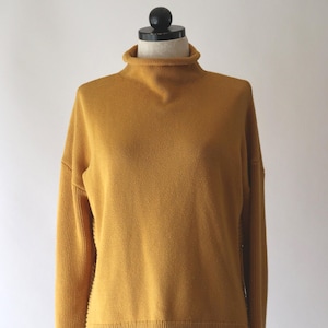 90s chunky knit cotton sweater / mustard yellow oversized sweater / rolled mock neck pullover