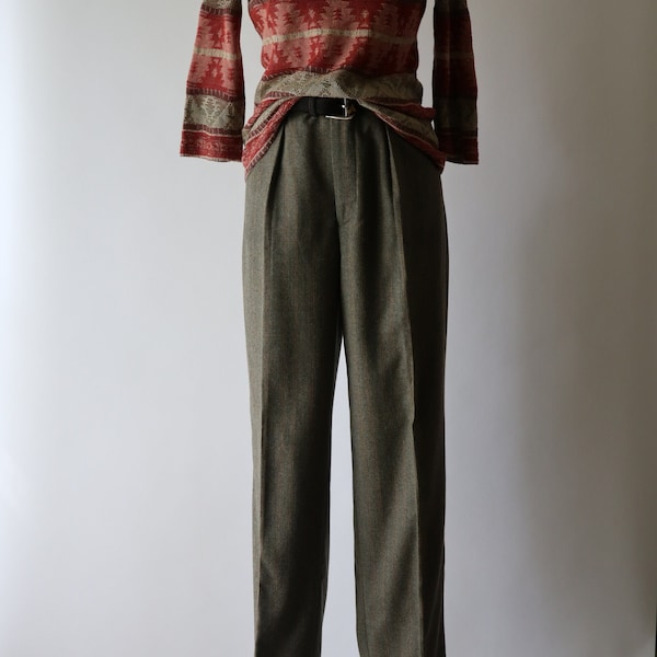 90s green glen plaid wool trousers / J. Crew double pleated pants / high waisted tapered slacks