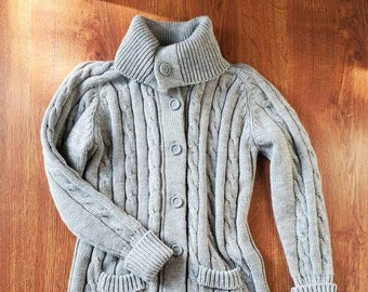 70s chunky cable knit cardigan / 1970s gray fisherman cardigan / acrylic button front grandpa sweater