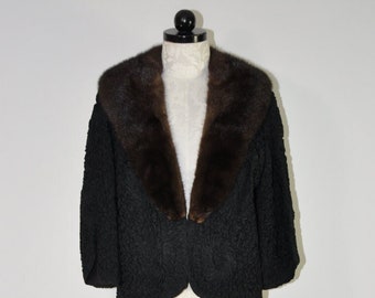 50s black soutache jacket / 1950s mink collar jacket / fur trim ribbon coat
