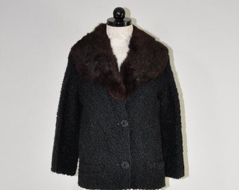 50s fur collar boucle jacket / mink trim short coat / 1950s black evening jacket