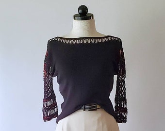 Y2K black crochet sweater / beaded silky knit pullover / boat neck embellished top