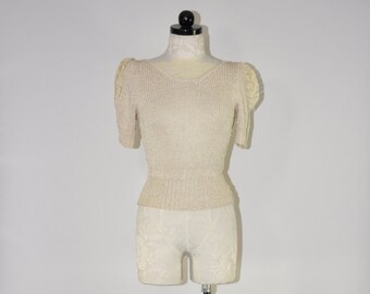 ivory silky sweater / 80s nubby knit top / lace trim sweater / short sleeve pullover
