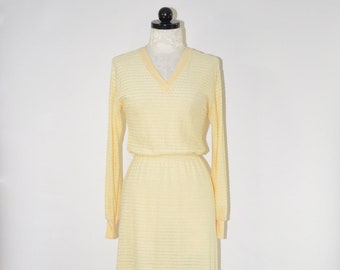 70s butter velour dress / pale yellow plush dress / striped terrycloth dress