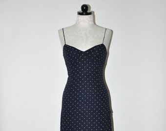 90s black polka dot dress / 1990s spaghetti strap dress / vintage rayon chiffon dress