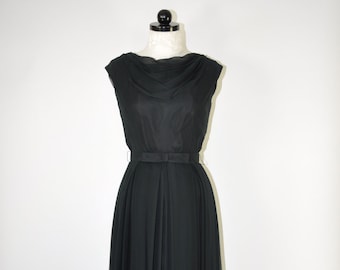 50s black chiffon cocktail dress / vintage bow belted dress / 1950s draped neckline Dauphine dress