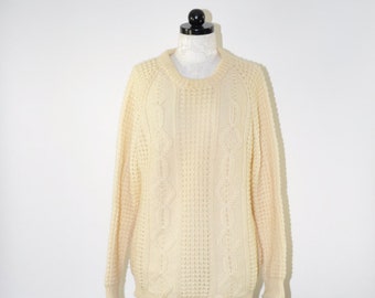 cream wool aran sweater / chunky knit fisherman sweater / slouchy cable knit jumper