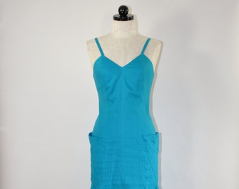 90s turquoise linen dress / back buttons sundress / strappy mermaid dress