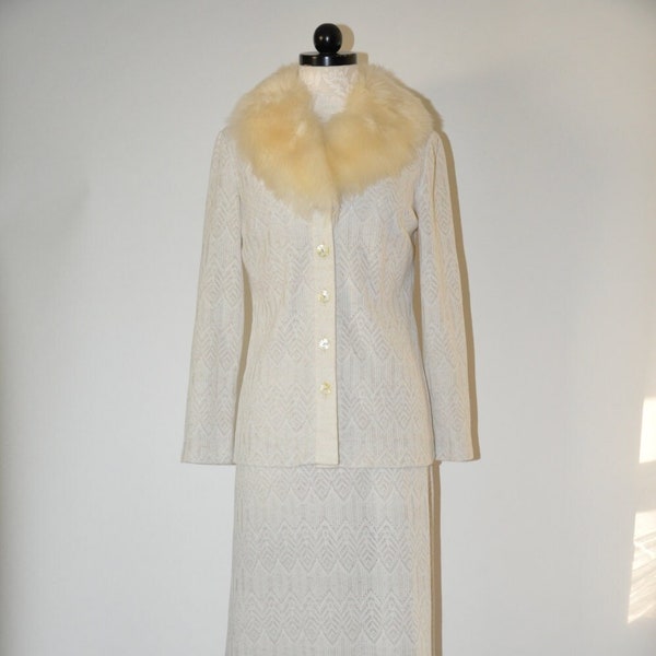 60s off white pointelle knit suit / 1960s two piece skirt suit / faux fur jacket and maxi skirt set