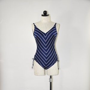 60s navy blue swimsuit / 1960s chevron bathing suit / nautical one piece maillot