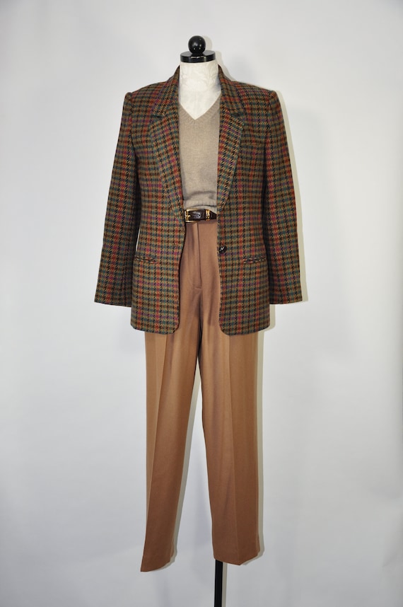 80s green plaid wool blazer / 1980s houndstooth ja