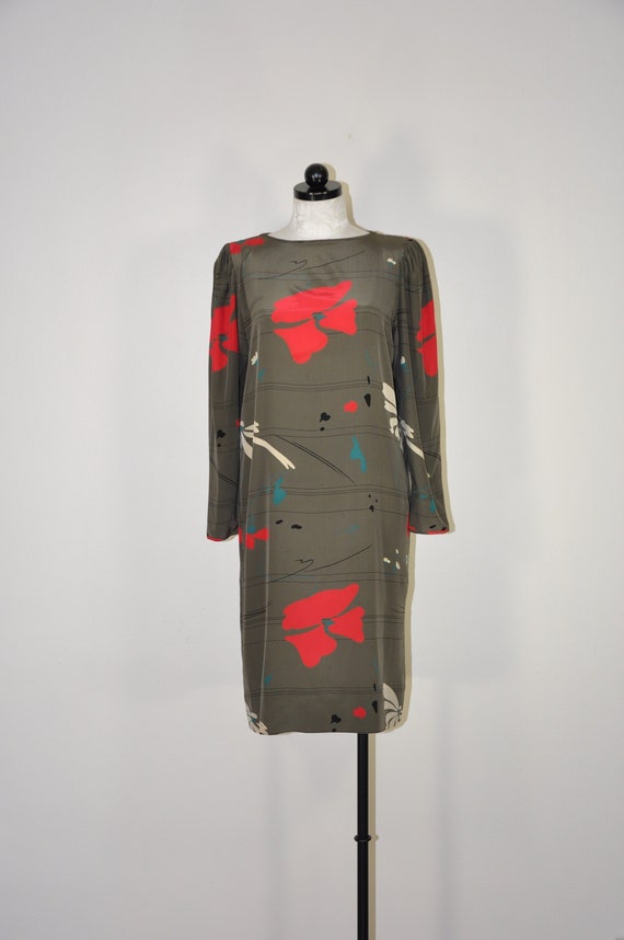 80s gray silk shift dress / vintage poppy print dr