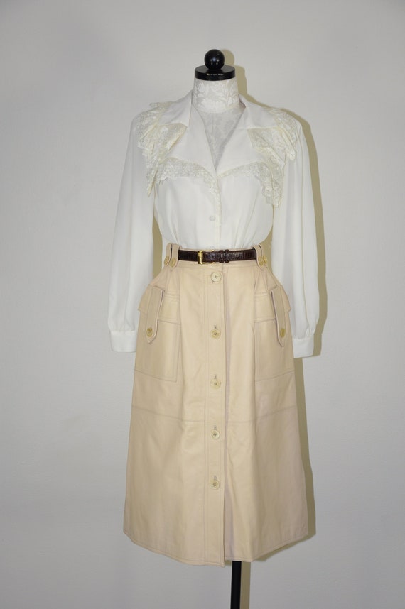 70s sand beige leather skirt / 1970s leather cargo