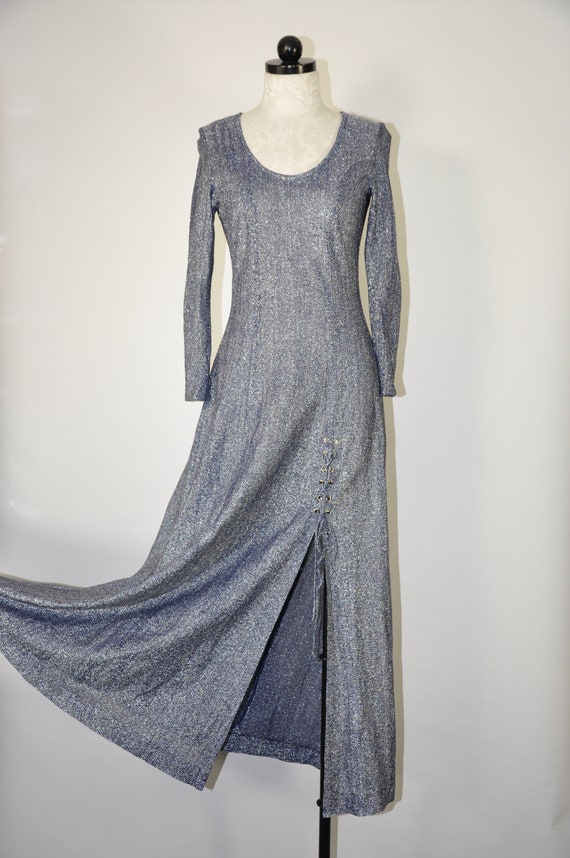 70s blue metallic long dress / sparkle leg slit ma