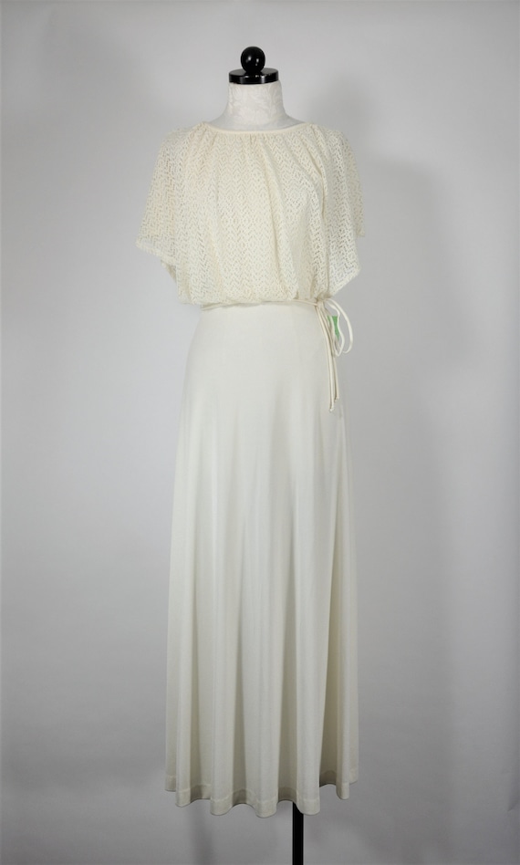70s ivory cape maxi dress / 1970s lace batwing dre