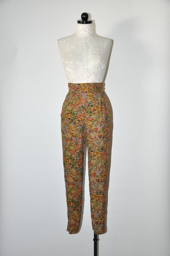 90s leaf print rayon pants / 1990s high waist trou