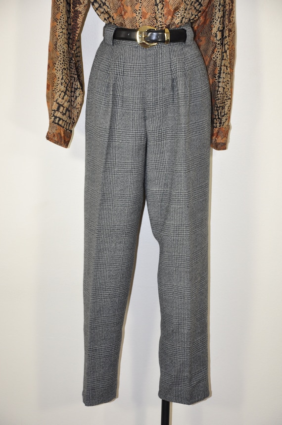 80s Gray Glen Plaid Trousers Grey Triple Pleated Pants High Waisted Tapered Trousers Etsy Canada