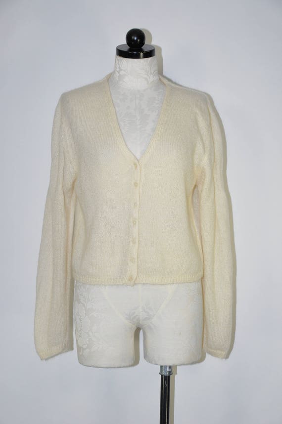 90s cream mohair sweater / 1990s plunging V neck … - image 2