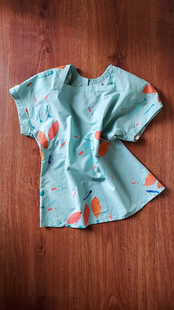 80s hand painted blouse /  1980s mint green shirt… - image 8