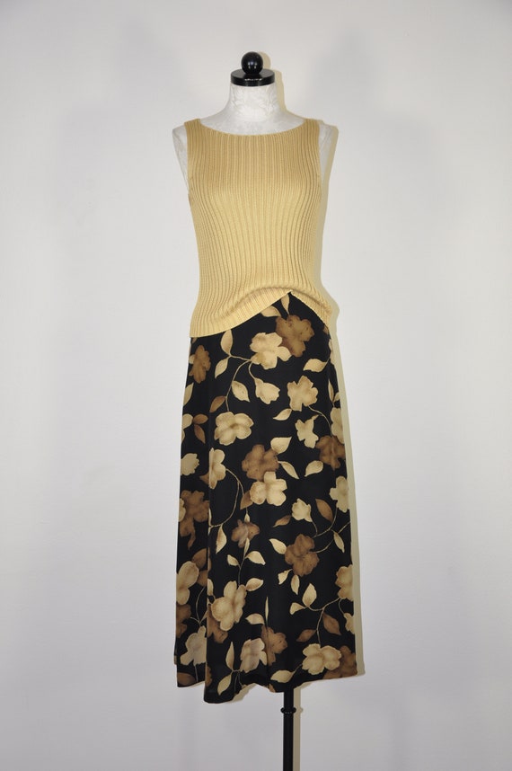 90s dark flora silk skirt / earth brown long skirt