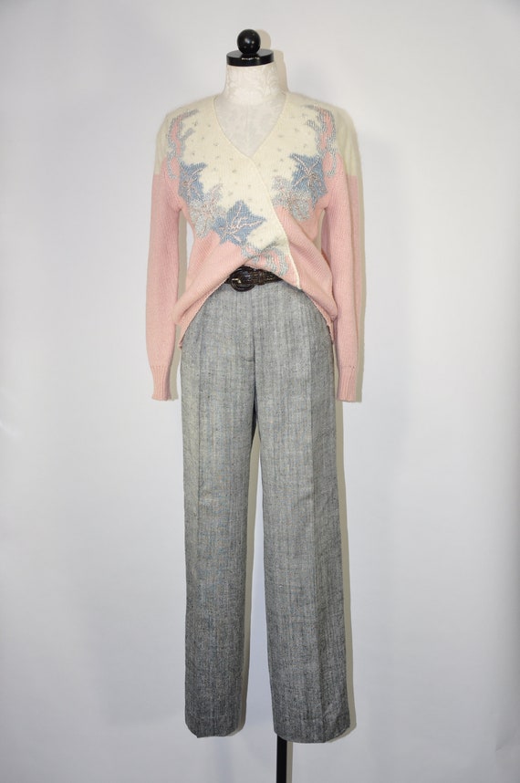 90s pink angora sweater / beaded floral pullover /