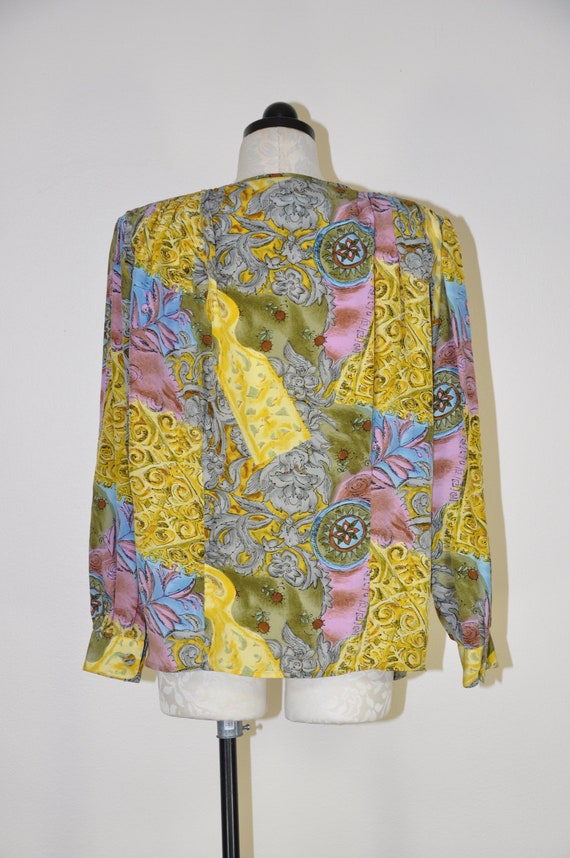 90s botanical print silk shirt / baroque puff sle… - image 8