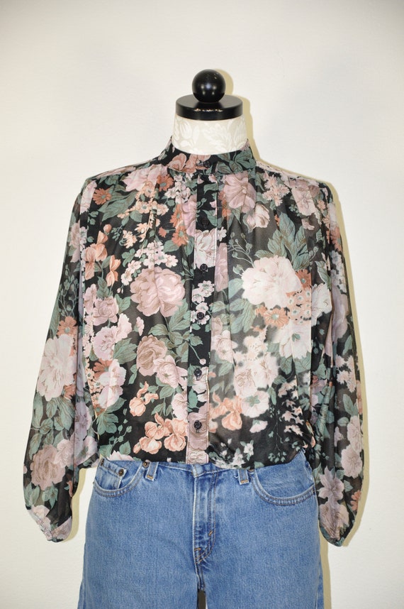 70s bishop sleeve blouse / 1970s dark floral bohe… - image 3