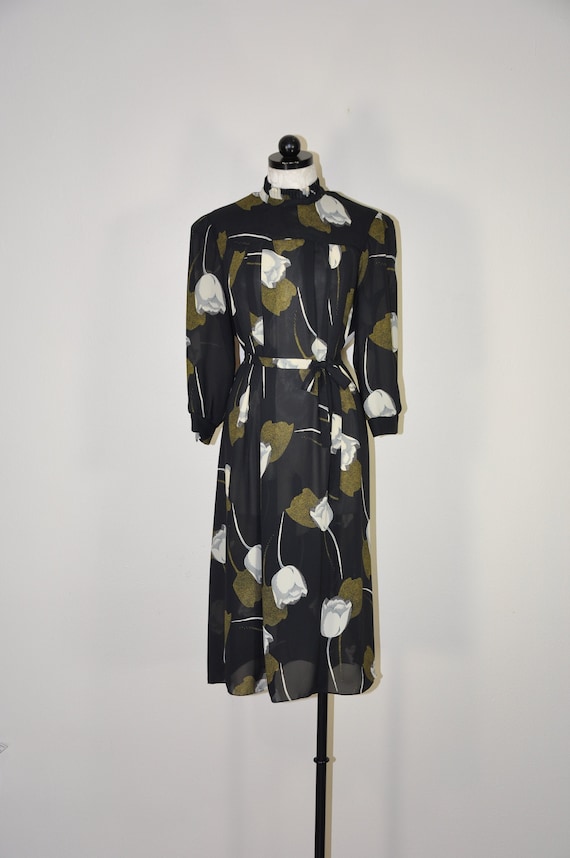 80s tulip print dress / black puff sleeve dress /