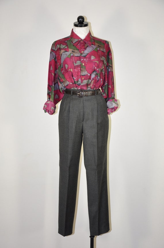 90s burgundy silk shirt / graphic print slouchy t… - image 1