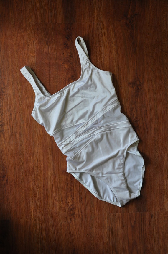 90s white mesh swimsuit / 1990s one piece bathing 