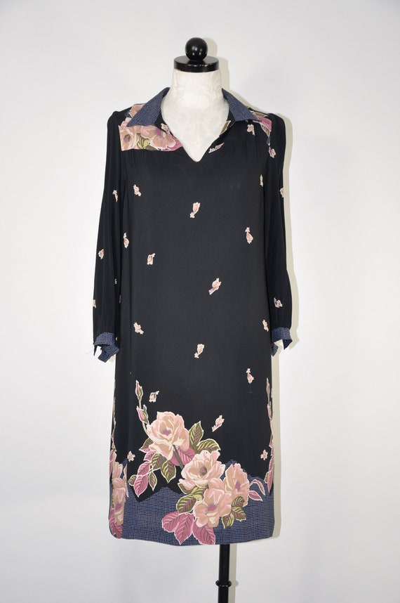 70s black floral tunic dress / 1970s floral rayon… - image 3