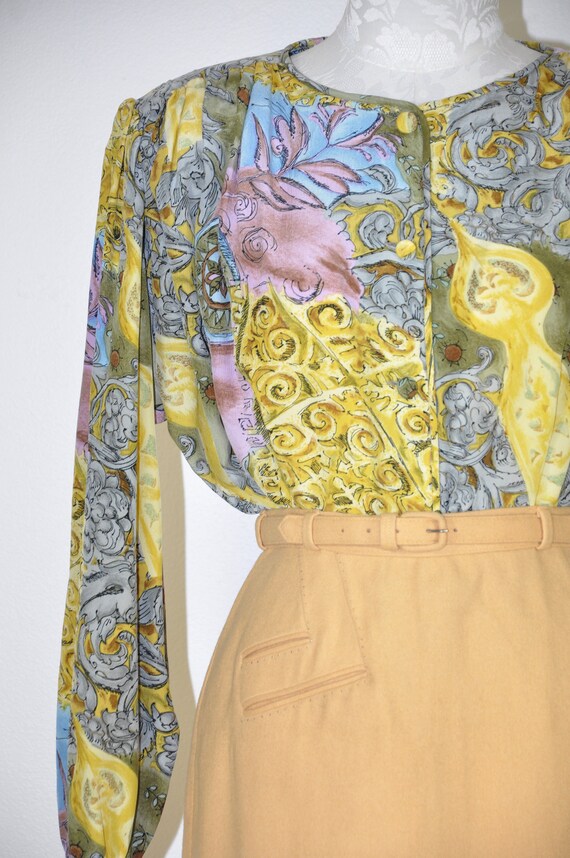 90s botanical print silk shirt / baroque puff sle… - image 3