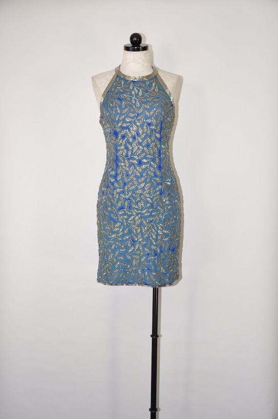 80s blue beaded mini dress / 1980s backless halter