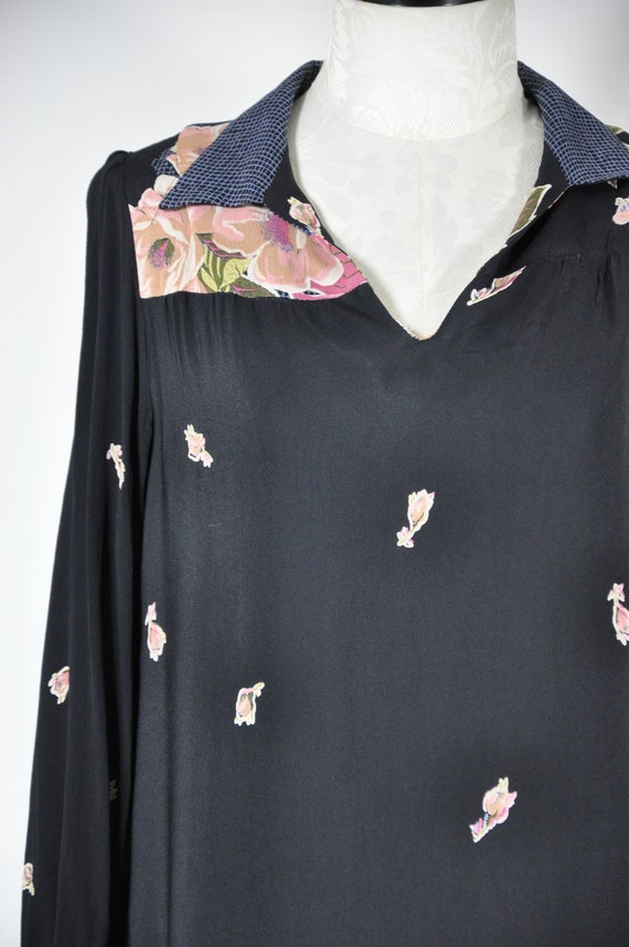 70s black floral tunic dress / 1970s floral rayon… - image 4