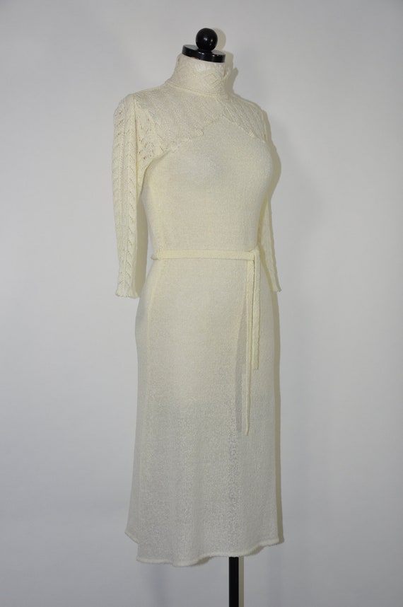 70s ivory pointelle knit dress / high neck knitte… - image 5
